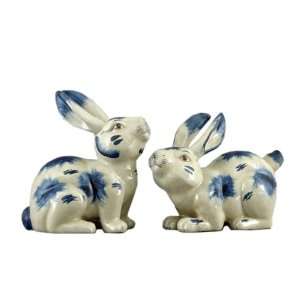Staffordshire Style Pair of Blue Hares Statue and Sculpture, 10 in.