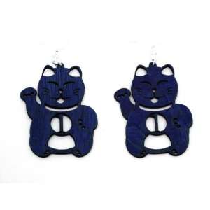  Royal Blue Lucky Cat Number One Wooden Earrings GTJ 