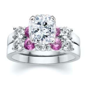  2.92 ct Cushion Diamond with Round Pink Sapphire Ring Set 