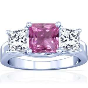  Platinum Princess Cut Pink Sapphire Three Stone Ring 