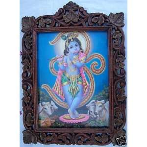  Child Krishna, Om & Cow Pic in Wood Craft Frame 