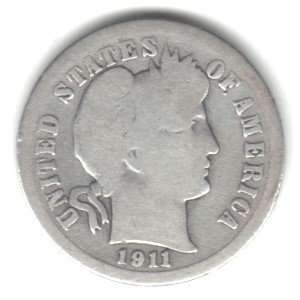  1911 U.S. Liberty Head (Barber) Dime Coin   90% Silver 