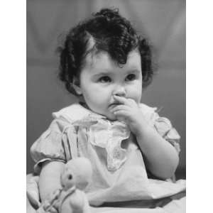 Baby Girl (12 15 Months) Holding Stuffed Toy, (B&W) Photographic 