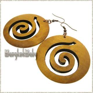 50mm Round Wood Spiral Cut Out Earrings Copper Hooks  