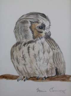 Marie Connors 1976 Dry Brush Watercolor Owl Original Art Painting 