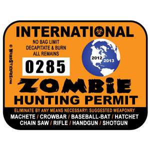 International Zombie Hunting Permit Vinyl Sticker   Individually 