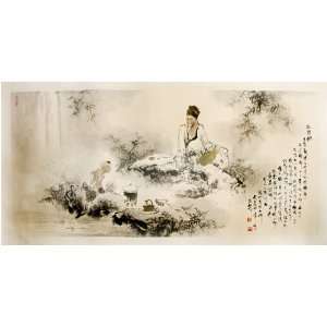 Chinese Sumi Art Brush Painting   Old Man Having Tea with Young Boy 
