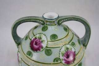 Antique Moriage Porcelain HP Roses Two Handled Vase  