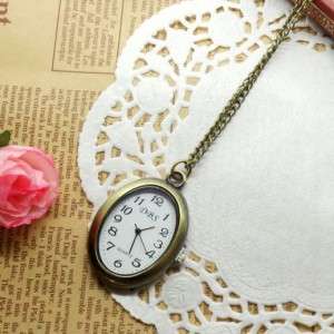 NWE Antique Brass Oval Design Pendant Necklace Quartz Pocket Watch 