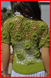 Vtg Thai handmade Boho winter Knitwear crochet vest coat shirt women 