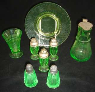 VASELINE DEPRESSION GLASS SET Green Anchor Hocking Plate Shakers