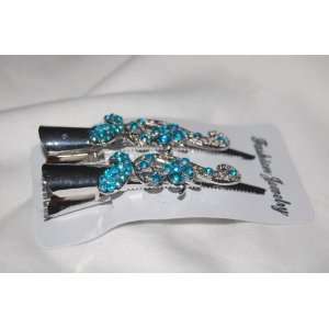   Blue Fancy Butterflies & Rhinestone 3 Silver Alligator Clips Beauty