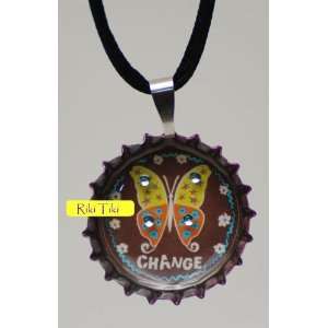  Natural Life Change Butterfly Bottlecap Necklace 