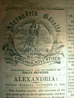 1859 Alexandria VIRGINIA newspaper JOHN BROWN RAID Harpers Ferry WEST 