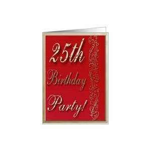  25th Birthday Party Invitation, Gold and Red Design Card 