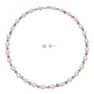 Freshwater Pearl white 6 6.5/7 8mm And Pink Tourmaline Necklace Stud 