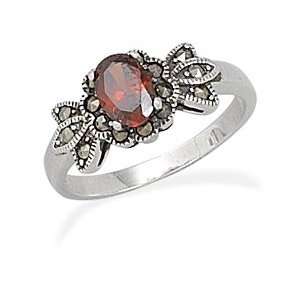   Red CZ Marcasite Ring Oval Red Cz Ring With Marcasite Accents   Size 8