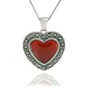    Sterling Silver Marcasite and Carnelian Heart Pendant, 18 Jewelry