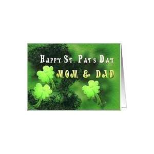 explosion, green Happy St. Pats Day Mom & Dad clover card three lucky 