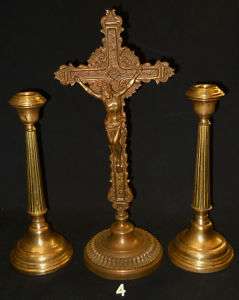 Antique 3 Pc 16Brass Altar Crucifix & Candle Sticks  