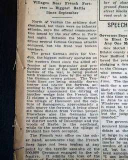 1916 Newspaper BATTLE OF VERDUN Begins World War I 1916 WWI French vs 