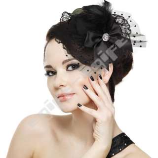 Feather Bow Hair Clip Lace Black Mini Top Hat Fascinator Burlesque 
