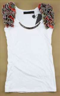 New Womens/Girls Red Flower Shoulder Vest/Top/T Shirt 1880 White One 
