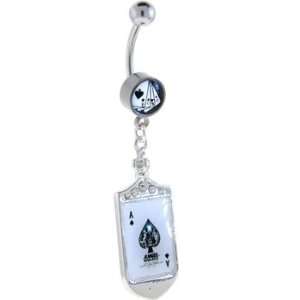  Straight Poker Hand Ace of Spades Jeweled Dangle Belly 