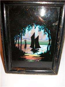 ART DECO REAL BUTTERFLY WING SILLOUETTE BOAT SCENE, LARGE FRAME 