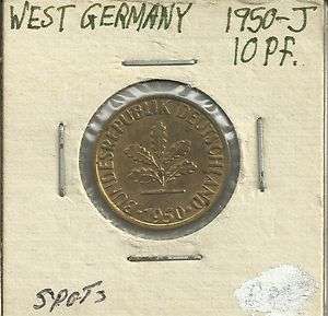 1950 J West Germany 10 Pfennig coin Brass plated steel, see scans XF 