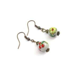  Egg Shell White Bead Dangle Earrings with Floral Pattern 