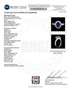 6100 CERTIFIED 14K WHITE GOLD 2.00CT SAPPHIRE 0.85CT DIAMOND RING 