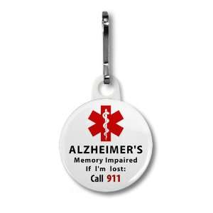 ALZHEIMERS Memory Impaired Call 911 Alert 1 inch White Zipper Pull 