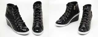 Womens Black Shiny Sneakers Wedge Heel Boots US 5~8  
