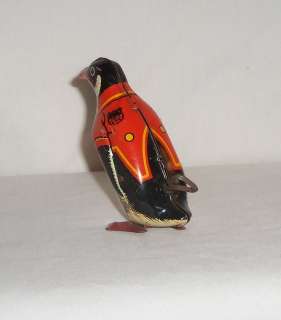 Vintage J Chein & Co Tin mechanical Wind Up Toy Penguin red yellow 