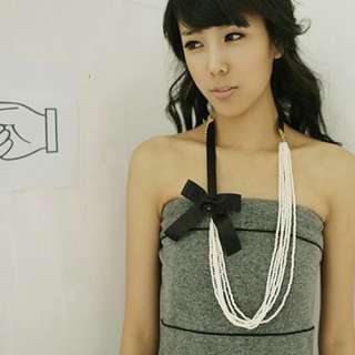 Fashion Bowknot Pearl Chain Pendant Necklace Bow Satin MultiLayer 