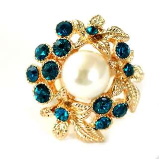 r6088 Lady Imitate Pearl Gemstone Gold plate Blue Diamante Adjustable 
