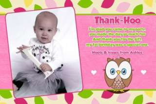 Look Whoos Turning One OWL 1st Birthday Thank You Card  