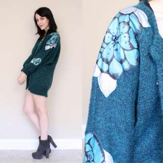Vintage 80s Green Floral Patchwork Fuzzy Oversized Sweater jumper 