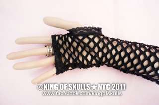 opera/full length fingerless gloves black fishnet holes fabric arm 