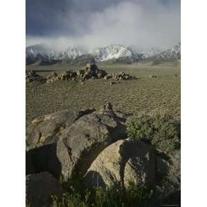 Eastern Sierras Rock Formations and Snow Known as the Alabama Hills 