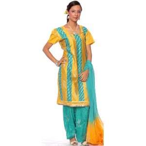   Salwar Kameez Fabric with Painted Leaves   Cotton 