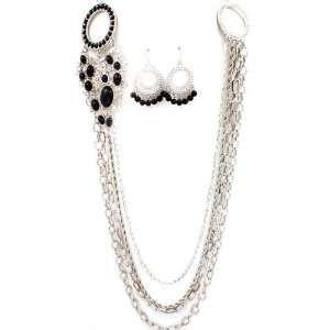   Long Silvertone Crystal Enamel Bead Multi chain Necklace Earring Set