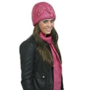  Hot Pink Studded Bow Hat and Scarf Set