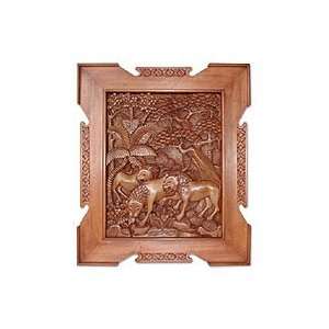  NOVICA Wood relief panel, Lions in the Forest