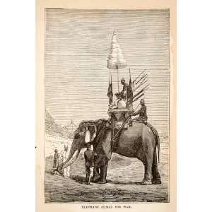  1879 Wood Engraving Elephant War Battle Weapon India Spear 