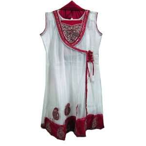 Girls Wear Churidar Kurta White Pink Embroidered Bollywood Dress 3pc 