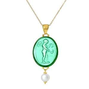   Green Venetian Glass Cameo and Freshwater Cultured Pearl Pendant, 18