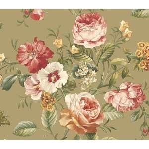 Cabbage Rose Bouquet Plum/Sage Wallpaper by Warner in Quintessential 