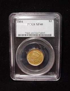 First Year of Issue 1854 Indian Princess Head $3 GOLD Piece PCGS XF 